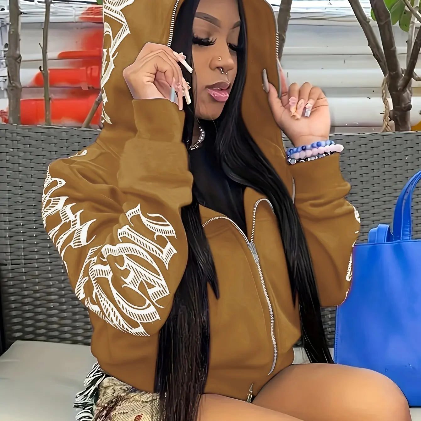 Brown letter print long sleeve zip up hoodie with white graphic lettering, ideal for hoodies cyber y2k and gothic punk sweatshirt styles