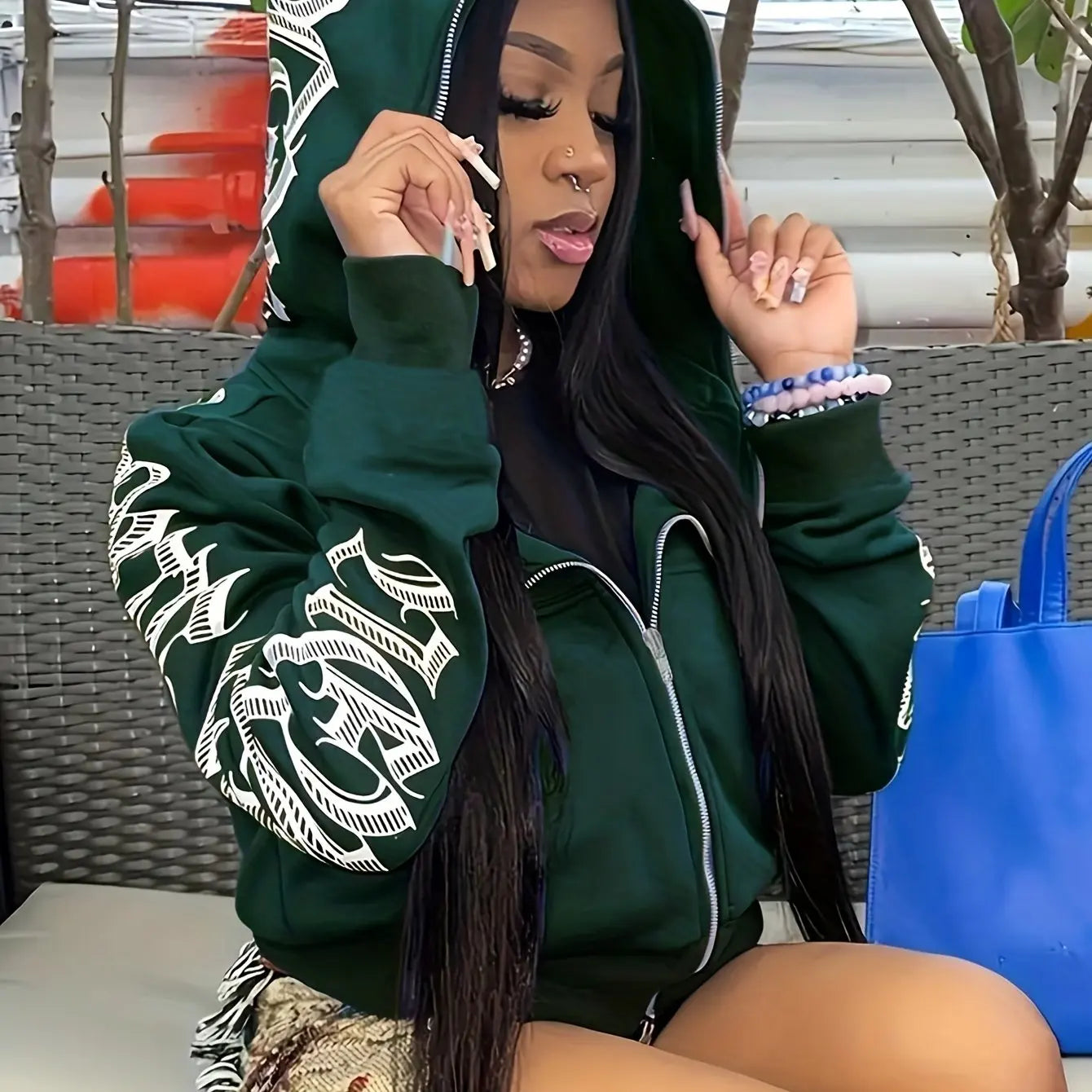Dark green long sleeve zip up hoodie with white letter print on sleeves and front zipper y2k gothic punk sweatshirt