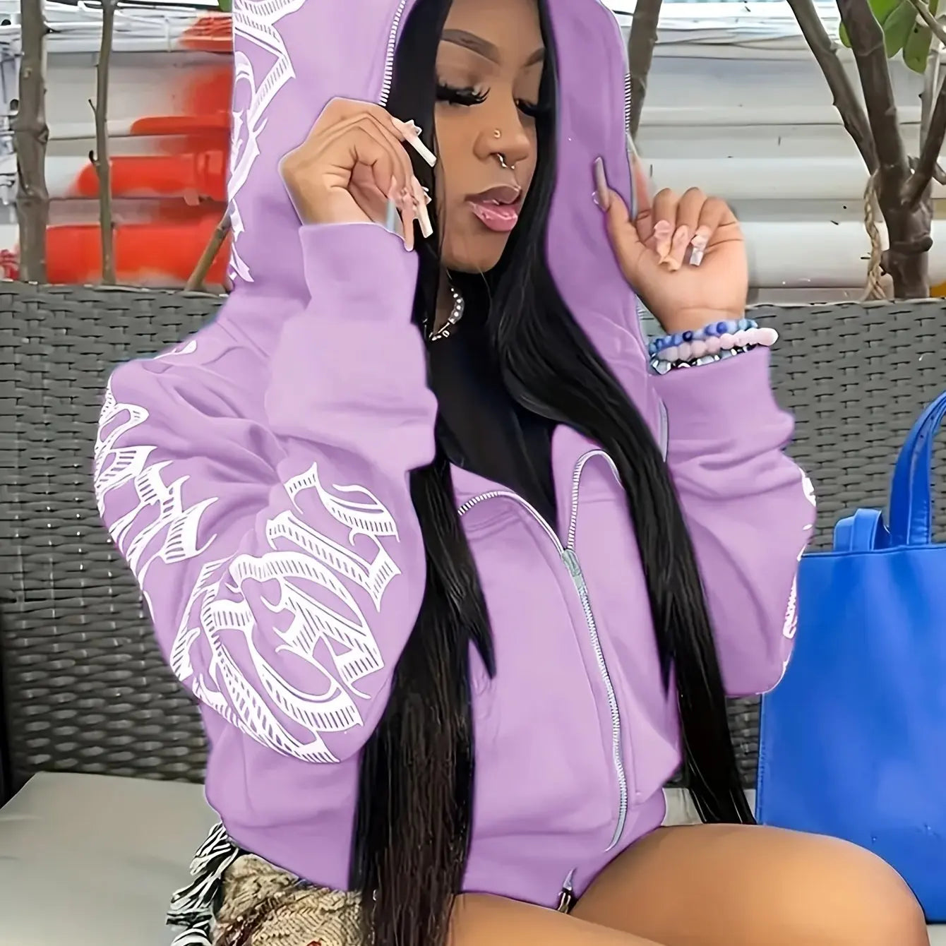 Lavender letter print long sleeve zip up hoodie with white graffiti lettering cyber y2k gothic punk sweatshirt