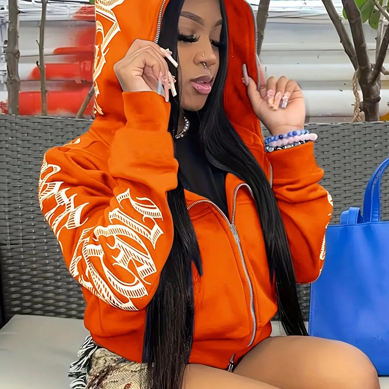 Orange letter print long sleeve zip up hoodie with white graphic lettering, ideal for hoodies cyber y2k and gothic punk sweatshirt styles