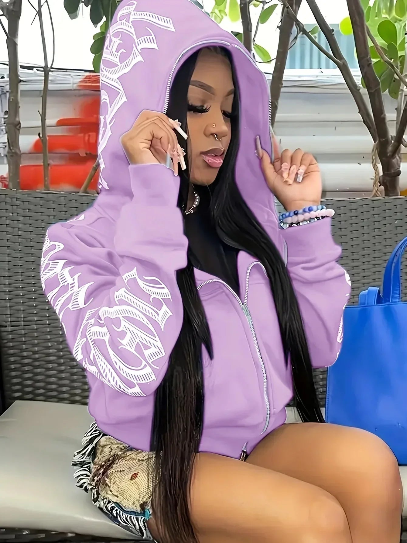 Lavender letter print long sleeve zip up hoodie with white graphic lettering for y2k gothic punk sweatshirt style
