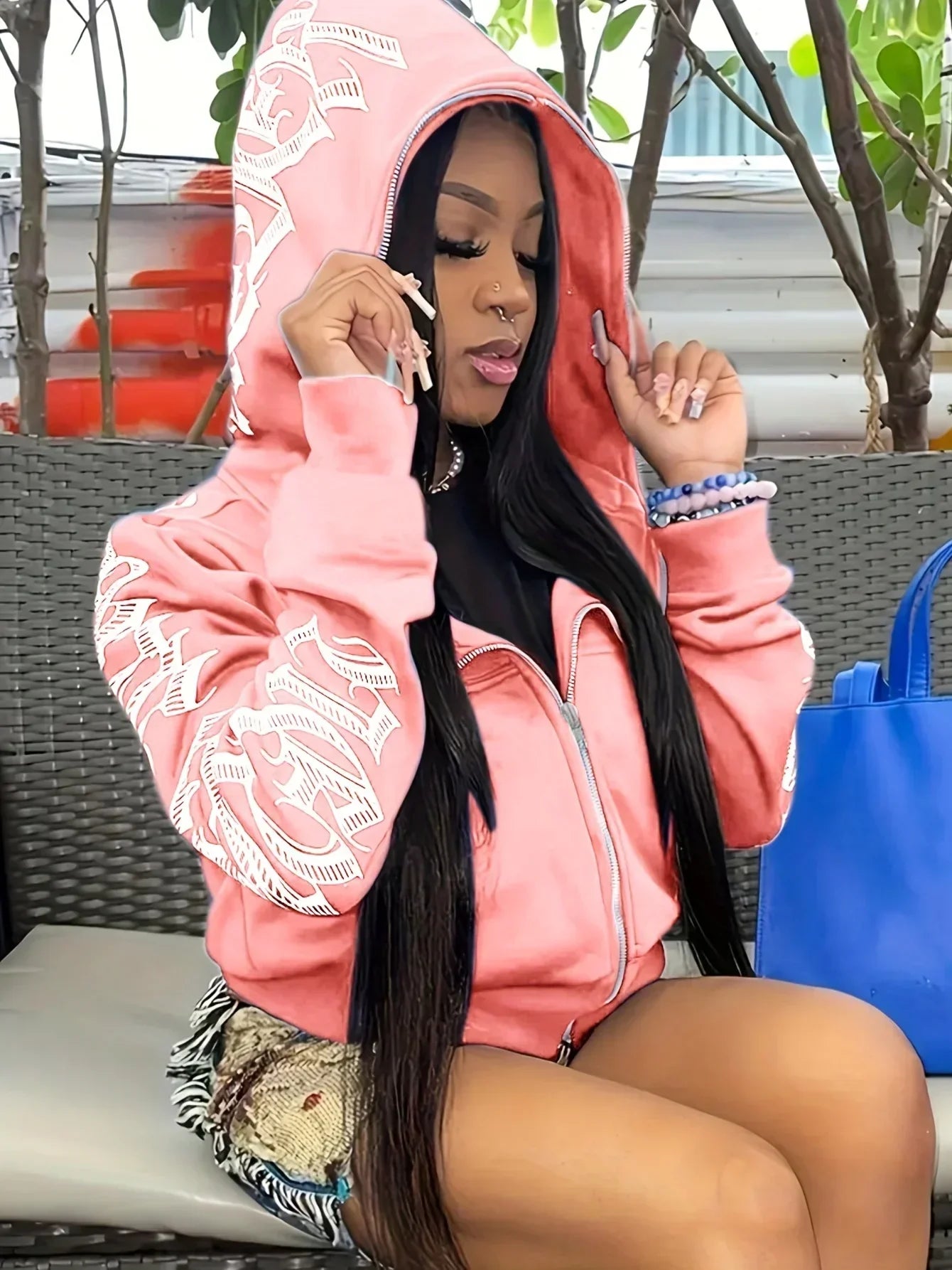 Pink letter print long sleeve zip up hoodie with white graphic design for hoodies cyber y2k gothic punk sweatshirt