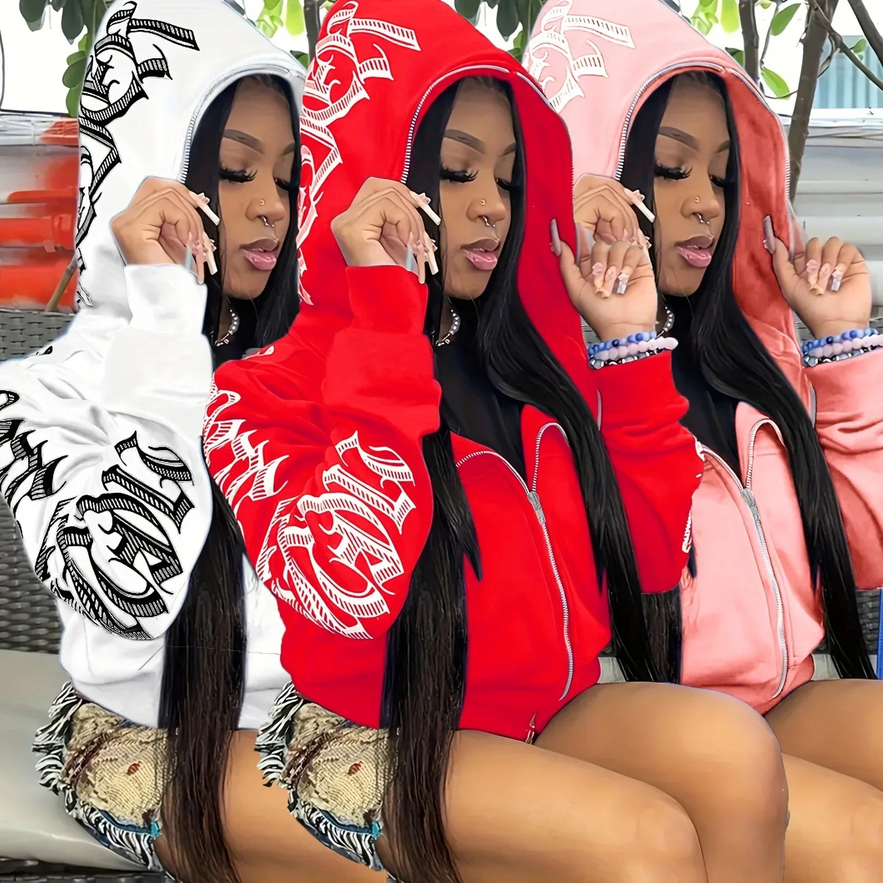 Three women wearing white red and pink letter print long sleeve zip up hoodies with bold graphic sleeves y2k gothic punk sweatshirt