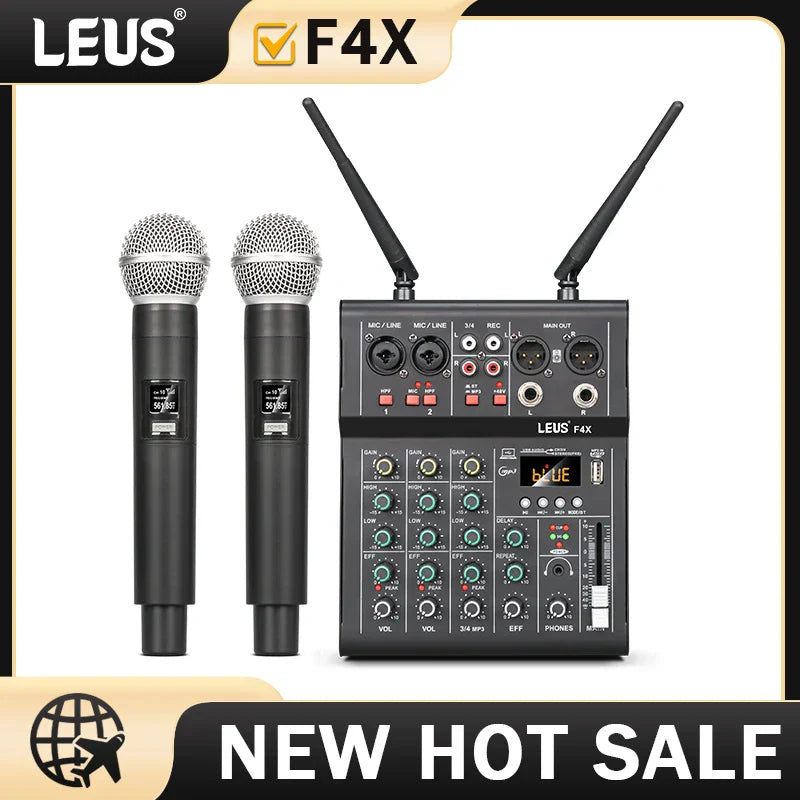 Black leus f4x audio 4 channel sound mixer with dual uhf wireless microphone dj console and two handheld mics