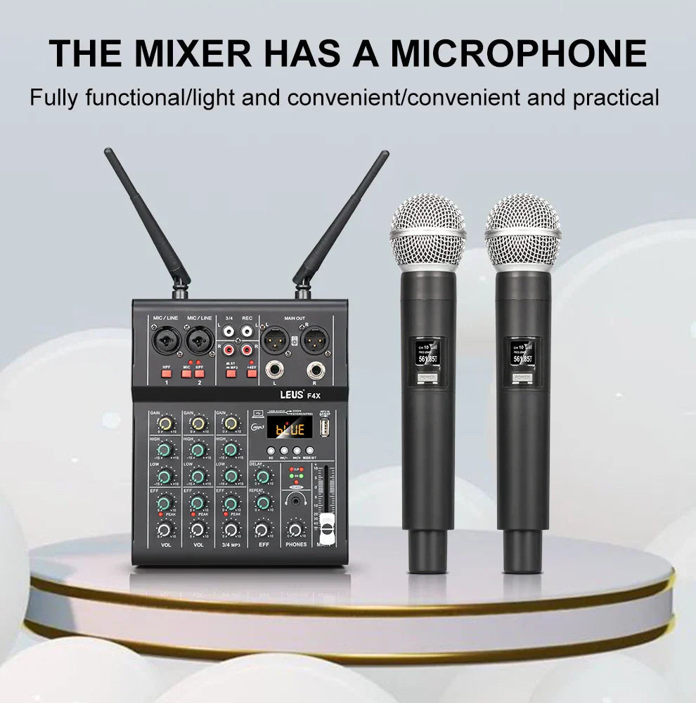 Leus f4x audio dual uhf wireless black microphone dj console with silver mesh grilles and digital display screens