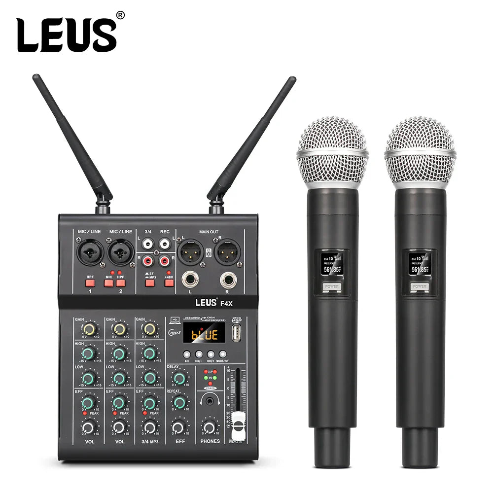 Black leus f4x audio 4 channel sound mixer with dual uhf wireless microphone dj console and two handheld microphones