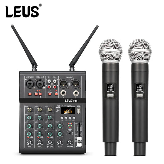 Black leus f4x audio 4 channel sound mixer with dual uhf wireless microphone dj console and two handheld microphones