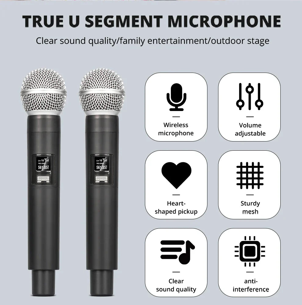 Black dual uhf wireless handheld microphones with silver mesh grilles and digital displays for leus f4x audio dj console