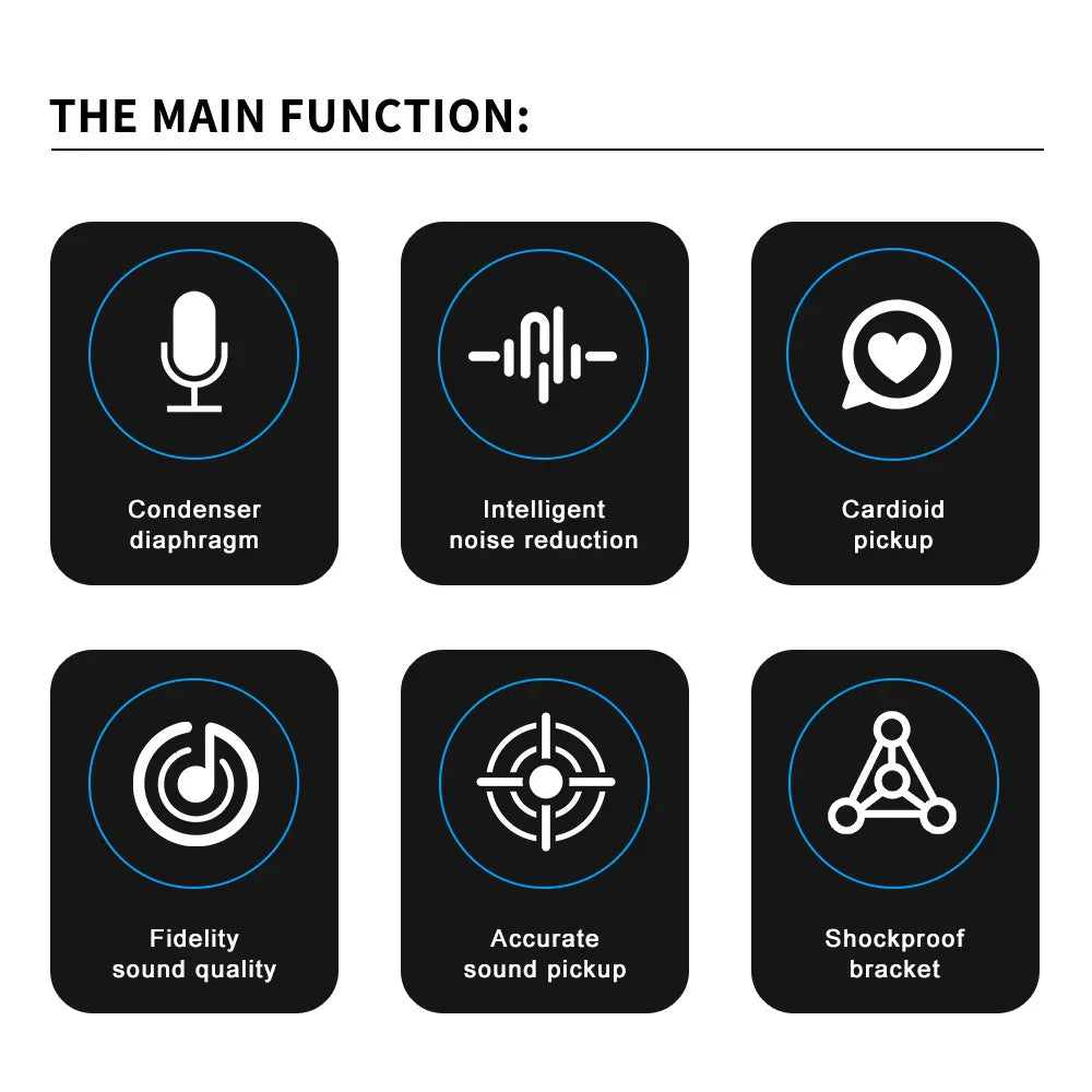 Black rectangular icons with white line art showing microphone features on u87 ai xlr professional cardioid studio mic for recording podcasting voice