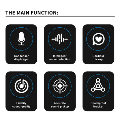 Black rectangular icons with white line art showing microphone features on u87 ai xlr professional cardioid studio mic for recording podcasting voice