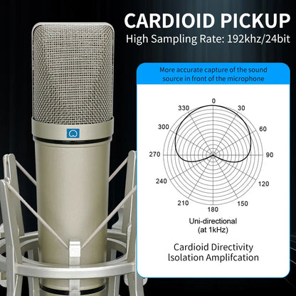 Silver u87 ai xlr condenser microphone with metallic mesh grille professional cardioid studio mic for recording podcasting voice