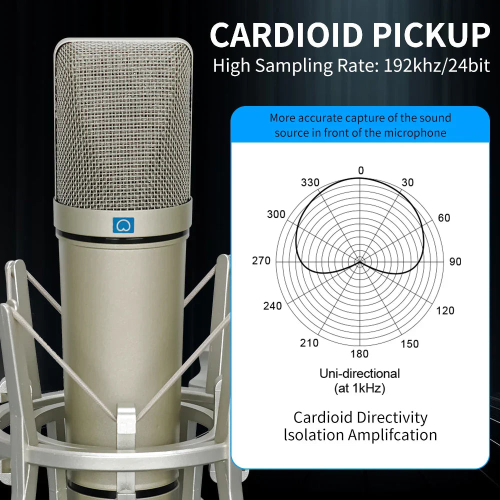 Silver u87 ai xlr condenser microphone with metallic mesh grille and cardioid pattern for professional cardioid studio recording podcasting voice