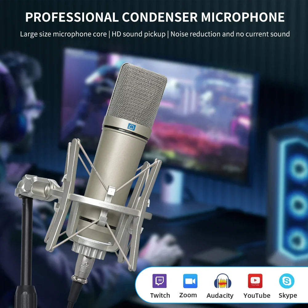Silver leus u87 ai xlr condenser microphone with mesh grille and shock mount for professional cardioid studio recording podcasting voice