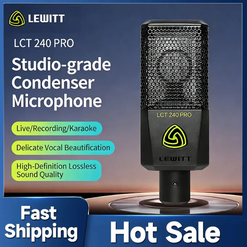Black lewitt lct 240 pro professional condenser microphone with mesh grille and yellow logo for studio recording podcasting karaoke high definition