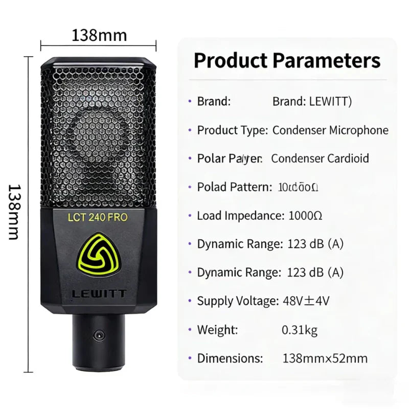 Black Lewitt LCT 240 Pro professional condenser microphone with hexagonal mesh grille and green logo for studio recording podcasting karaoke high definition sound