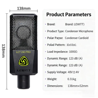 Black Lewitt LCT 240 Pro professional condenser microphone with hexagonal mesh grille and green logo for studio recording podcasting karaoke high definition sound