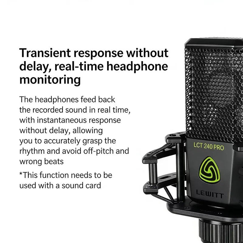 Black Lewitt LCT 240 Pro professional condenser microphone with mesh grille and green logo for studio recording podcasting karaoke high definition