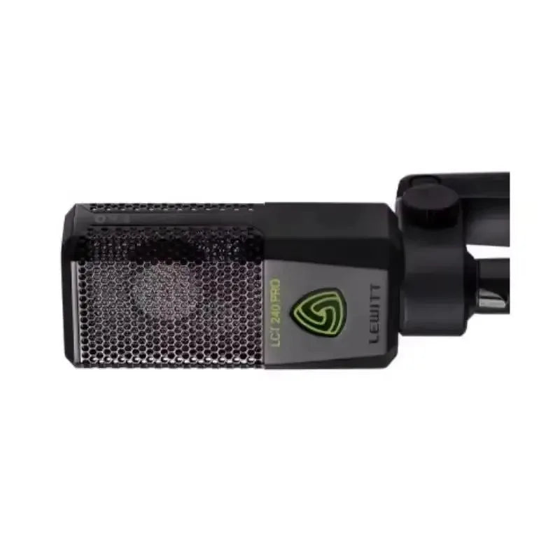 Black lewitt lct 240-spd professional condenser microphone with hexagonal mesh grille and green logo for studio recording podcasting karaoke high definition