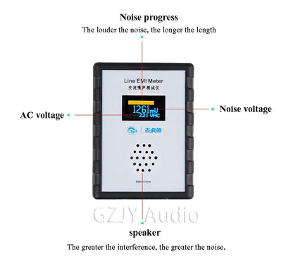 Black-framed LHY new oled display mains noise tester emi measuring instrument with digital voltage readings and labeled components
