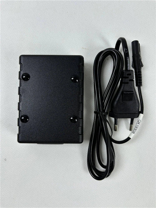 Black plastic power adapter with coiled cable and european plug for lhy new oled display mains noise tester emi meter