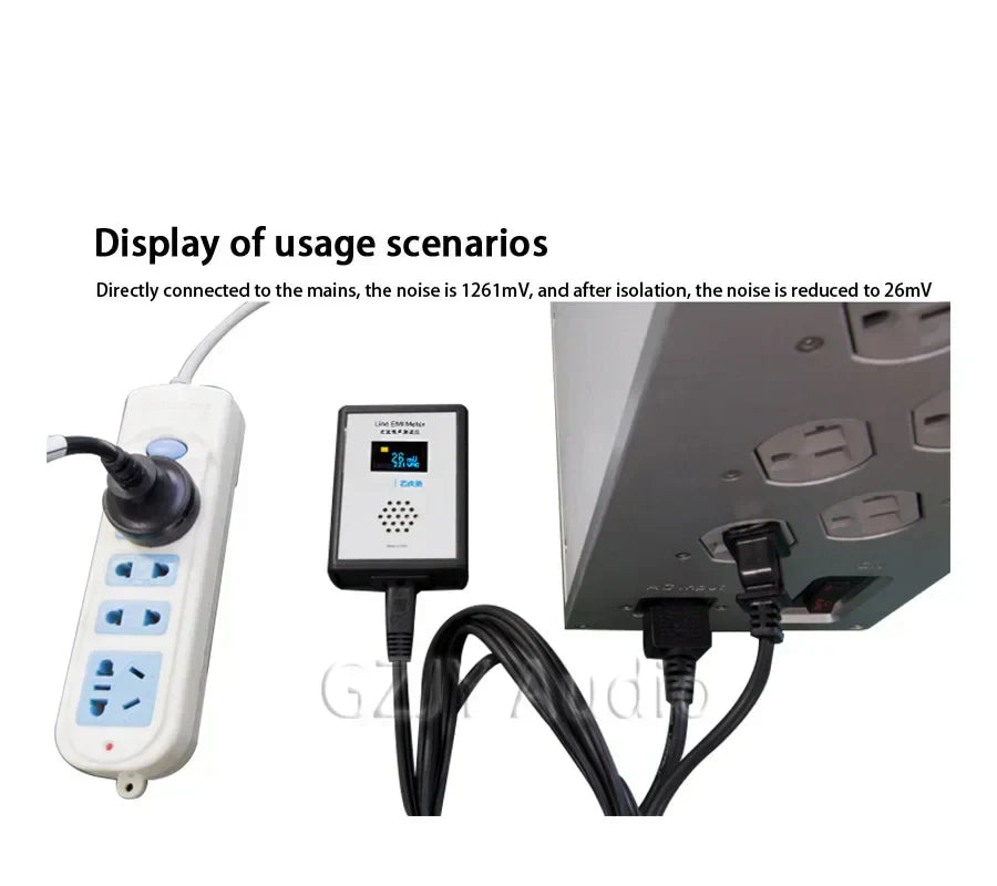 White power strip with blue outlets and lhy new oled display mains noise tester emi measuring instrument broadband attached