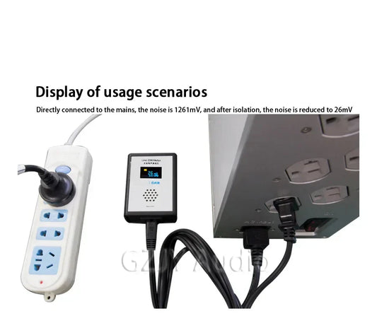 White power strip with blue outlets and lhy new oled display mains noise tester emi measuring instrument broadband attached