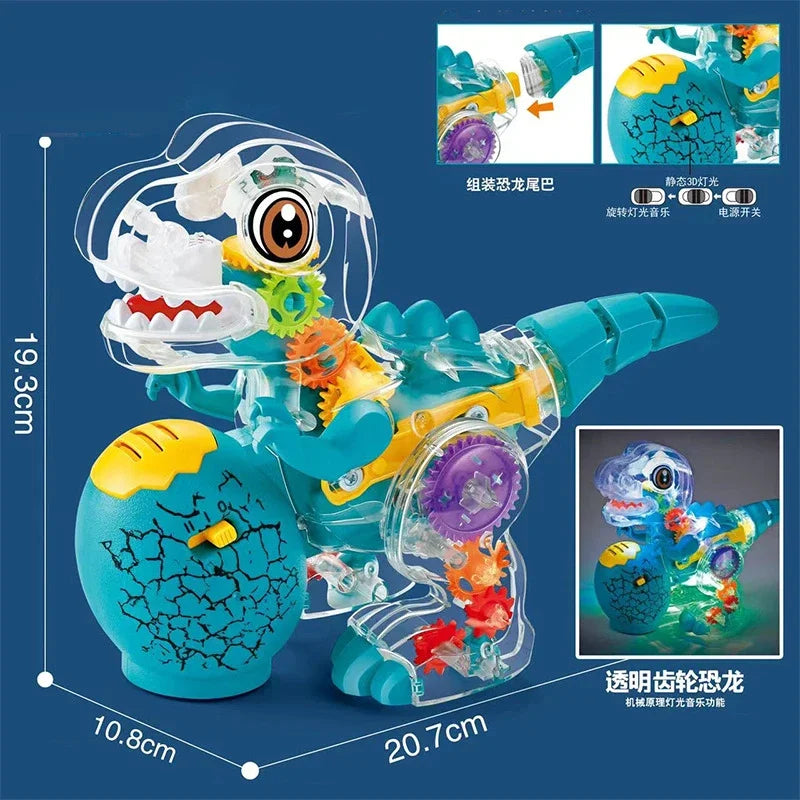Transparent blue and yellow mechanical dinosaur toy with visible gears and music led effects for boys girl educational play