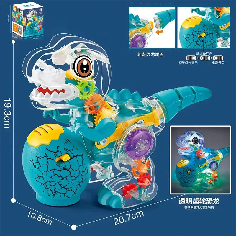 Transparent blue and yellow mechanical dinosaur toy with visible gears glowing light music led effects for boys girl educational play