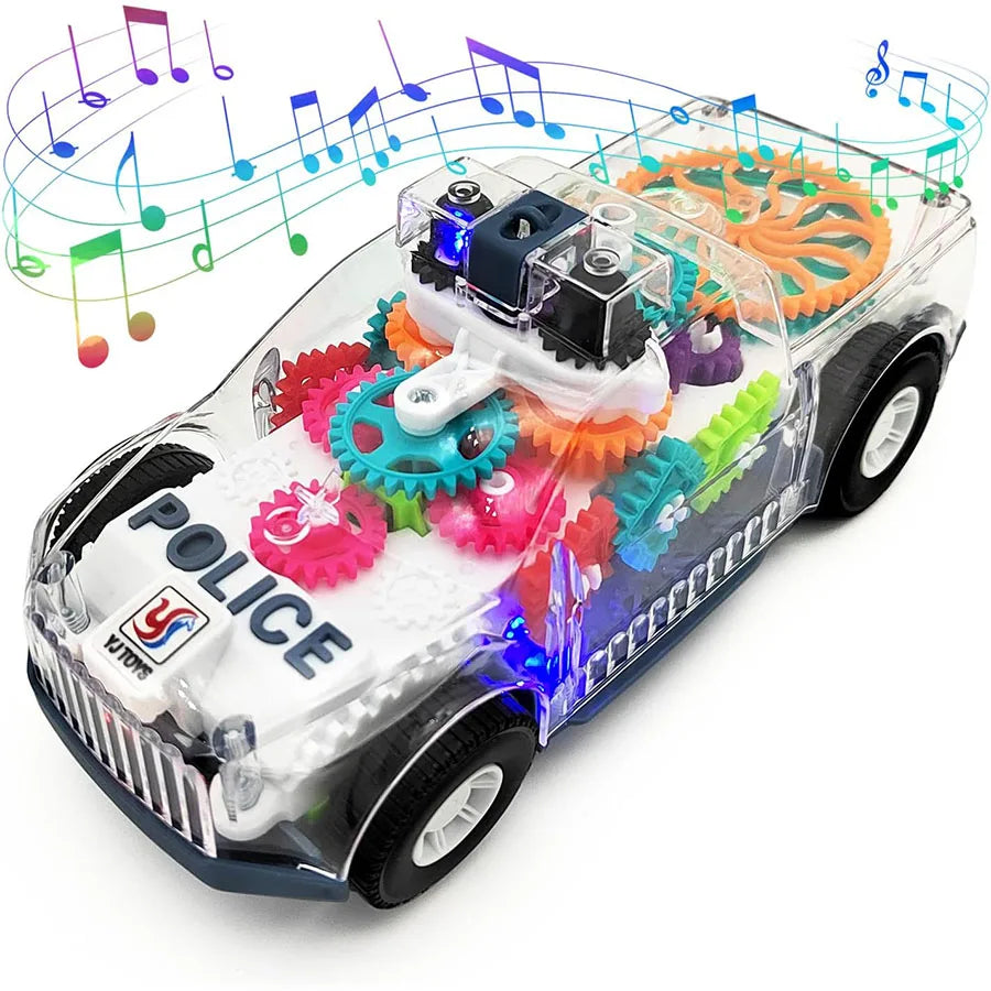 Light up transparent gears police car toy with colorful internal gears music led effects for boys girl educational play