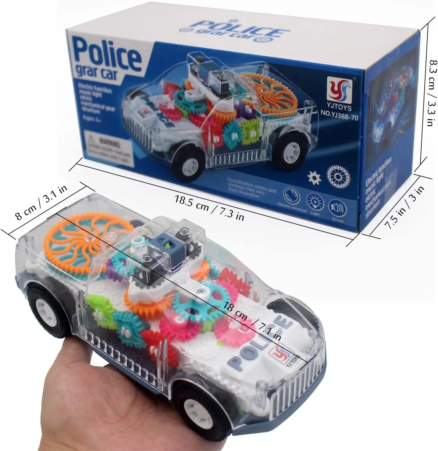 Clear plastic police car toy with colorful transparent gears black wheels music led effects boys girl educational