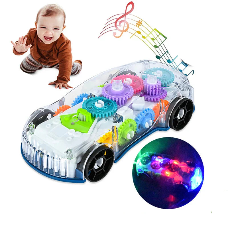 A transparent plastic light up transparent gears police car toy with colorful gears music led effects for boys girl educational play