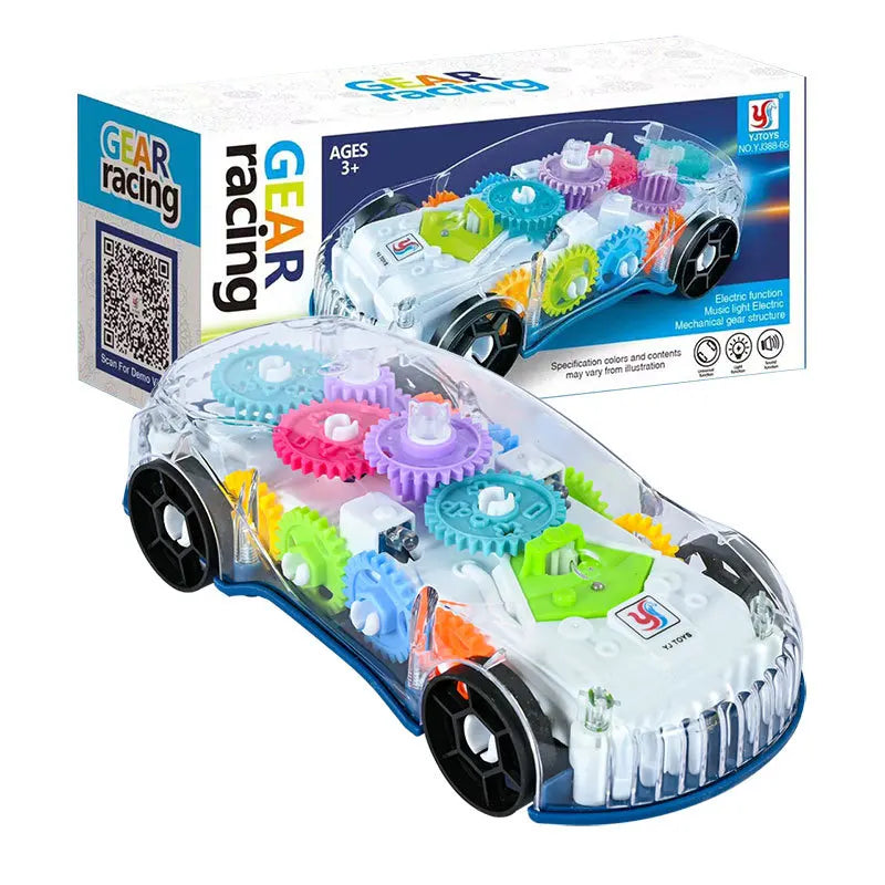 Light up transparent gears police car toy with colorful gears black wheels music led effects for boys girl educational use
