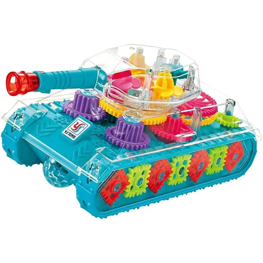 Colorful transparent gears police toy tank with turquoise body and visible red yellow green purple pink gears music led effects