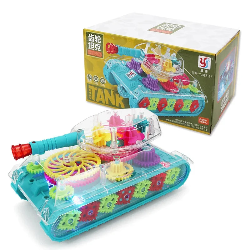 Colorful transparent gears police mechanical tank toy with visible pink yellow green purple gears music led effects for boys girl educational play