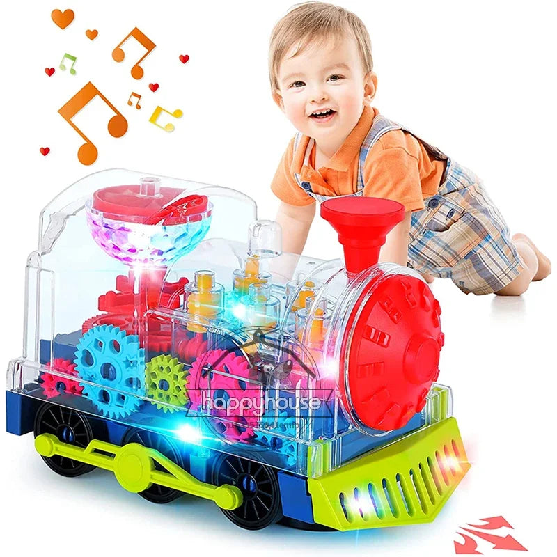 A colorful transparent gears police toy train with glowing music led effects for boys girl educational play