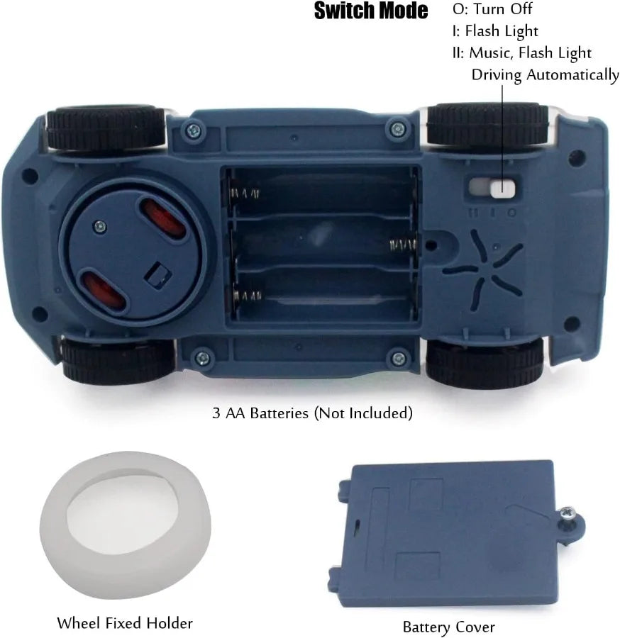 Blue plastic transparent gears police car toy with black wheels, switch mode, open battery compartment, music led effects