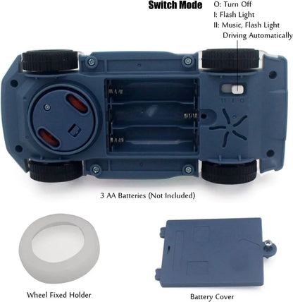 Blue plastic transparent gears police car toy with black wheels, switch mode, open battery compartment, music led effects