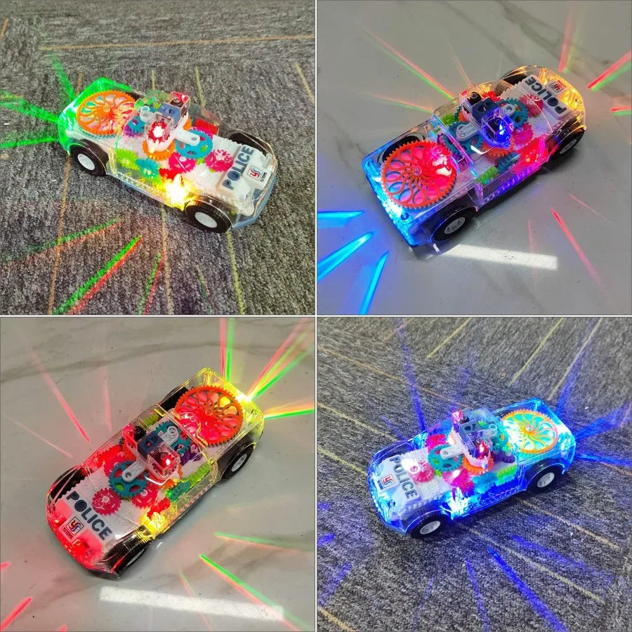 Colorful transparent gears police car toy with glowing music led effects for boys girl educational play