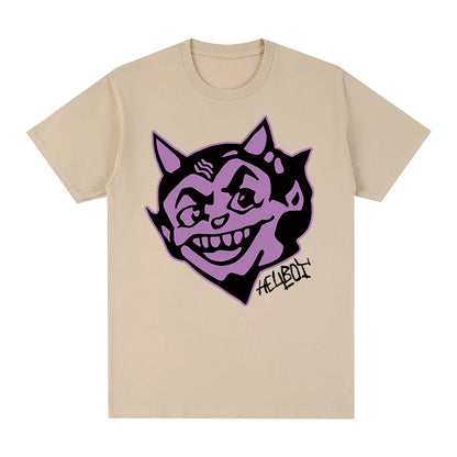 Beige cotton lil peep hell boy hip hop tee tshirt womens with purple devil face and stylized hellbot logo