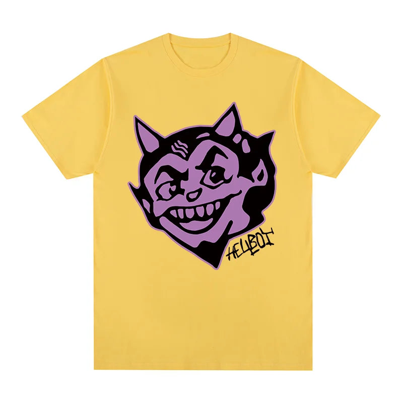 Yellow cotton lil peep hell boy hip hop tee tshirt womens featuring purple cartoon devil face and graffiti lettering