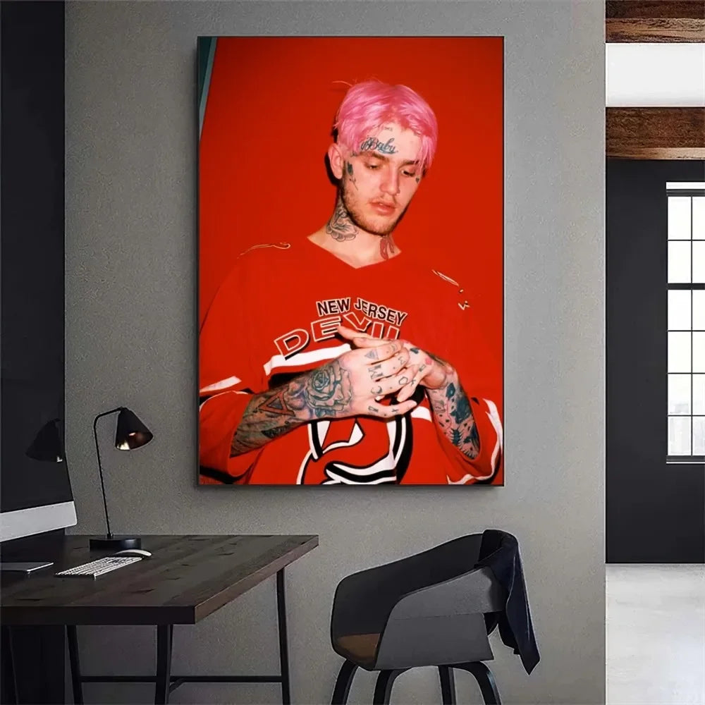 Vibrant red canvas print of lil peep in new jersey devils jersey with pink hair and tattoos manual measurement applies