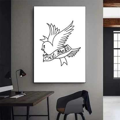 Black-and-white canvas print of stylized bird with outstretched wings holding cry baby banner for living room decor with manual measurement