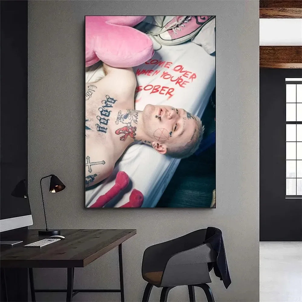 Rectangular canvas print featuring lil peep tattooed portrait with pink pillows and sneakers manual measurement included