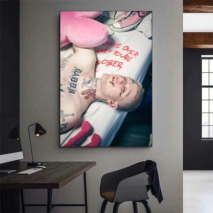 Rectangular canvas print featuring lil peep tattooed portrait with pink pillows and sneakers manual measurement included