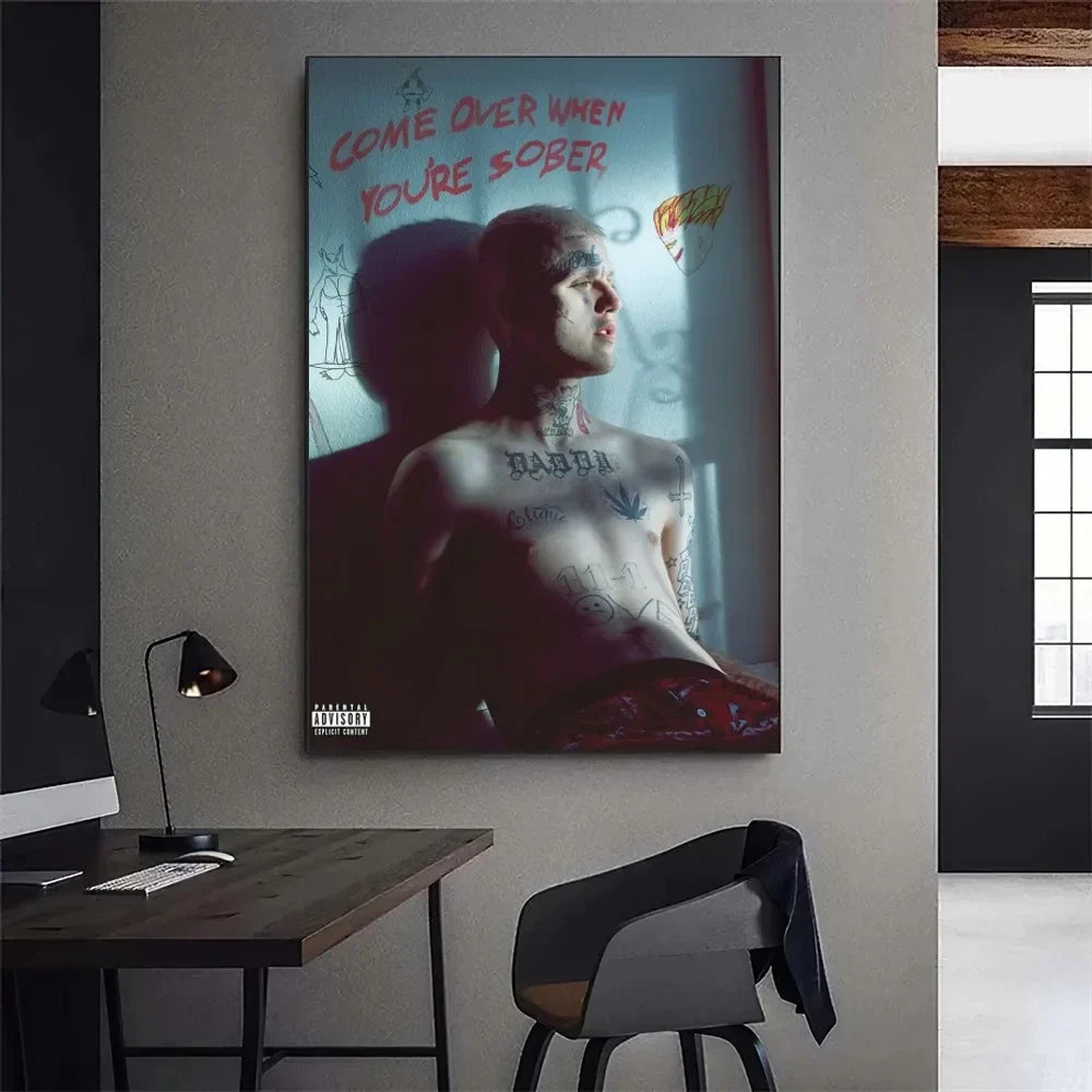 A framed lil peep hellboy rapper poster on canvas with tattooed man text come over when youre sober manual measurement