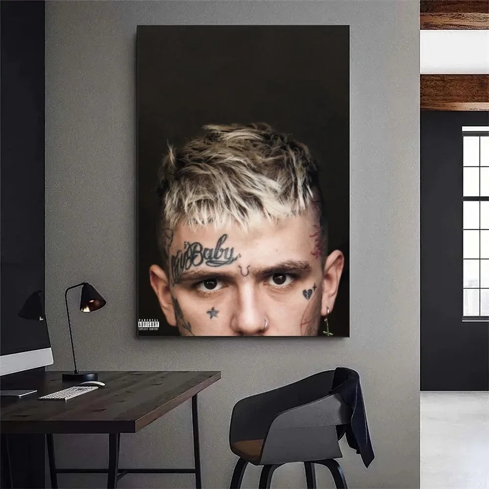 Black and white lil peep hellboy rapper portrait canvas with bleached hair and baby tattoo for living room wall decor manual measurement