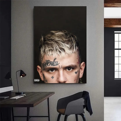 Black and white lil peep hellboy rapper portrait canvas with bleached hair and baby tattoo for living room wall decor manual measurement