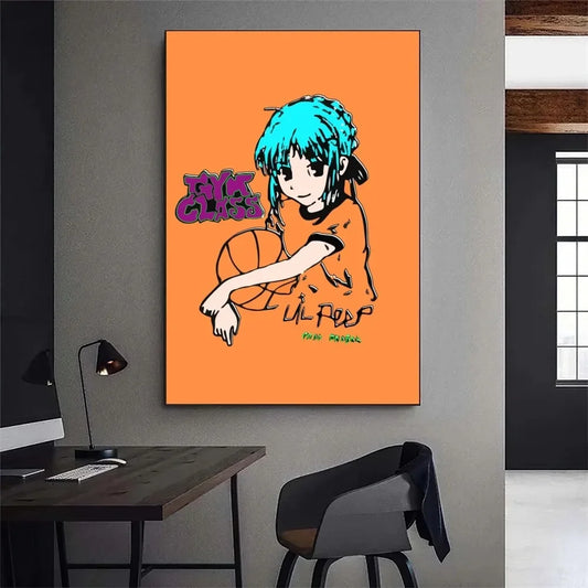 Vibrant orange canvas print featuring stylized anime character with turquoise hair and manual measurement for wall decor