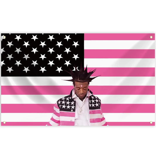 Pink and white american flag banner tapestry featuring stylized lil uzi vert portrait with spiky black hair for wall art