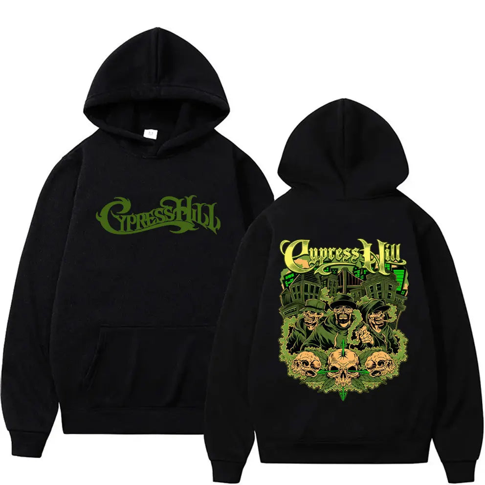 Black cypress hill skeleton hoodie back featuring green graffiti lettering and detailed band member skull graphic for women hip hop